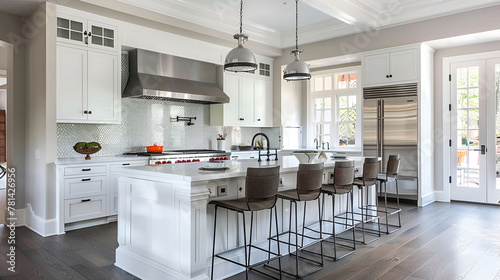 Luxury home interior boasts Beautiful black and white kitchen with custom white shaker cabinets, endless marble topped kitchen island with black leather stools over wide planked hardwood floo