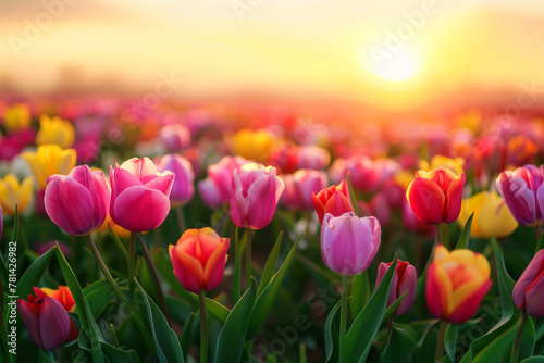 Vibrant Tulip Field Aglow with Sunset Light, Beautiful Floral Landscape, Nature's Harmony in Pink, Yellow, and Red Hues