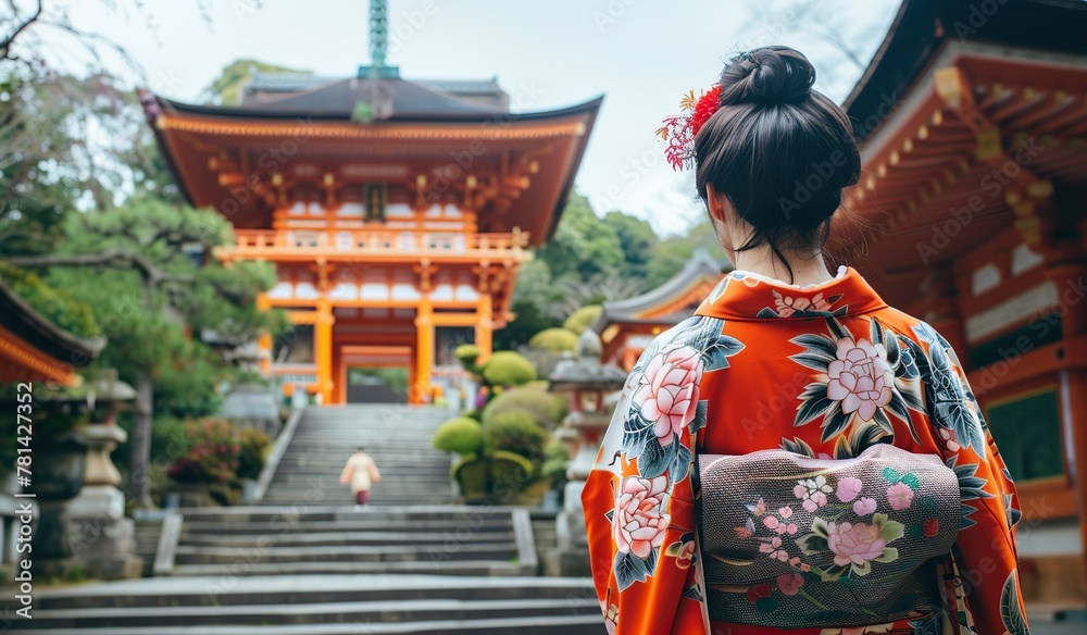 Elegant kimono-clad woman exploring traditional temple