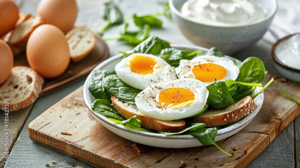 Meal with soft boiled eggs, toast, yogurt AI generated Meal with soft boiled eggs, toast, yogurt AI generated