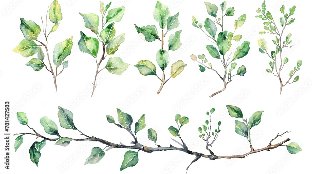 An assortment of biological graphic illustrations with an array of green tree branches rendered in watercolor over a white backdrop and space, Generative AI.