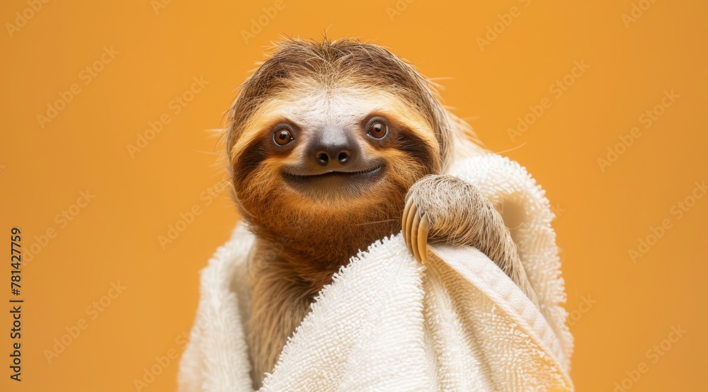 Fototapeta premium A cute smiling sloth in a white towel is lying on the bed, in a warm and cozy home background