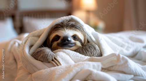 A cute smiling sloth in a white towel is lying on the bed  in a warm and cozy home background
