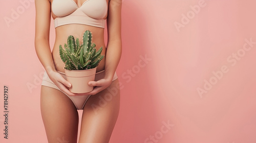 Woman in beige nude underwear holds pot of cactus in her hands on pink background. Concept of photo and laser hair removal, epilation. Generative AI. Copy space for text