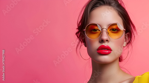 Beauty young woman model, with bright red lips and sunglasses on pink background. Fashion photo shooting for advertising decorative cosmetics. Copy space for text, banner. Generative AI