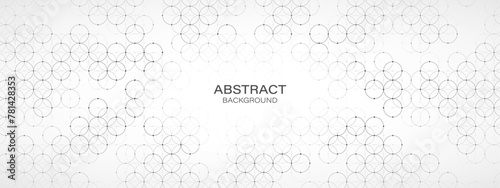 Abstract halftone background frame. Texture of intertwined circles, dots, particles. Strong network. Ornament pattern. Banner for presentation, business, technology, medicine, logo.