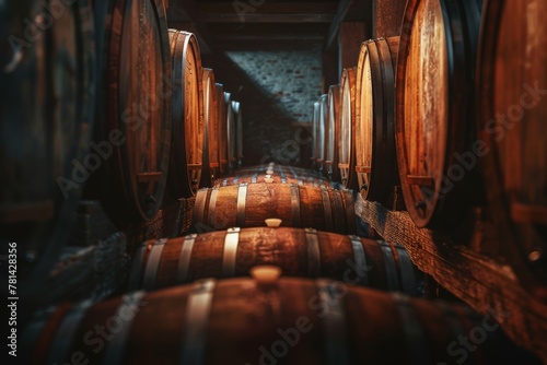 A row of wooden wine barrels in a dark wine cellar