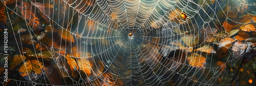 An arthropods spider web made of natural material is intricately woven among leaves in a forest, creating a beautiful pattern while capturing insects for the terrestrial animal photo
