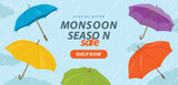 Monsoon season colorful umbrellas sale banner template