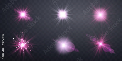 Pink lens flares set. Sun flash with rays or spotlight and bokeh. Pink glow flare light effect. Vector illustration.