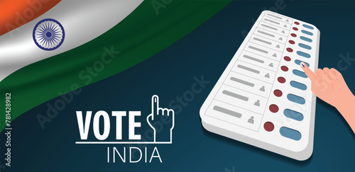 vote india vector poster hand press button of evm machine for voting with India flag  photo