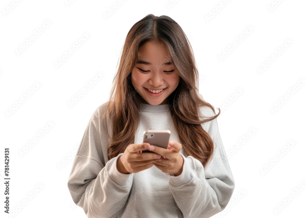 Young Asian Woman Smiling at Smartphone Young Asian Woman Smiling at Smartphone