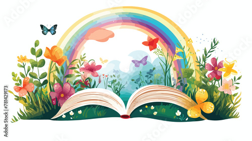 Illustration of a storybook with a rainbow and plan