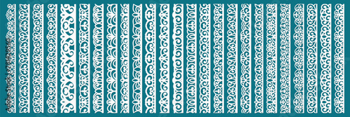 Set of lace pattern brushes. Tracery ribbons isolated on a pink background. Elements for decor scrapbooking wedding invitations and cards.	