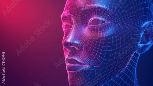 This wireframe head depicts a face scan or biometrics concept with a digital technology theme