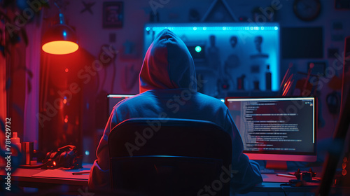 Back view of Evil Man Hacker Wearing Hoodie Breaks into Data Servers, Phishing attack, DDOS Attack, Malware, Virus, Darknet Cybercrime ,neon lights red and blue ,Internet crime concept