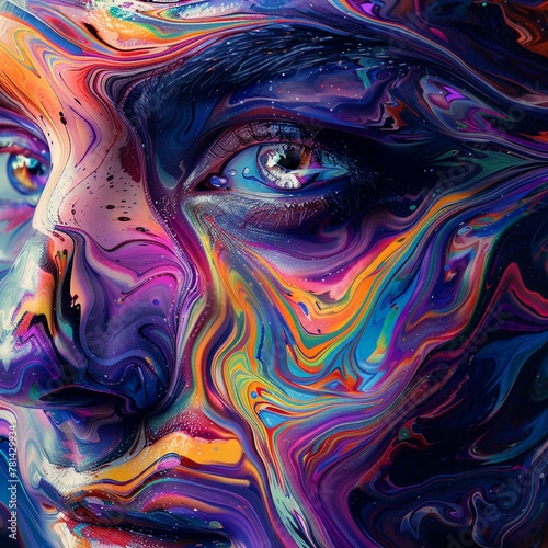 Abstract AI portrait, vibrant swirls, close-up, emotion captured in pixels, mesmerizing gaze.