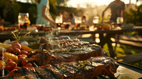 Grilled picanha with fresh vegetables, on an outdoor lunch with family and children playing in a sunny garden with illuminated pool.