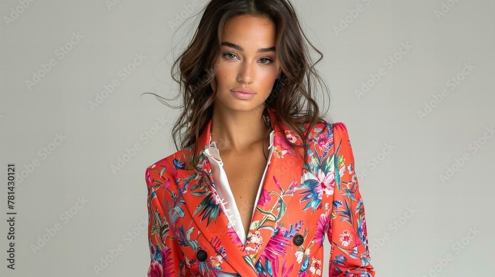 young fashion model, brunette wearing floral print jacket, isolated on white young fashion model, brunette wearing floral print jacket, isolated on white