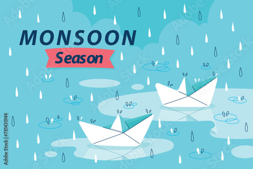 Flat monsoon season background with origami boats