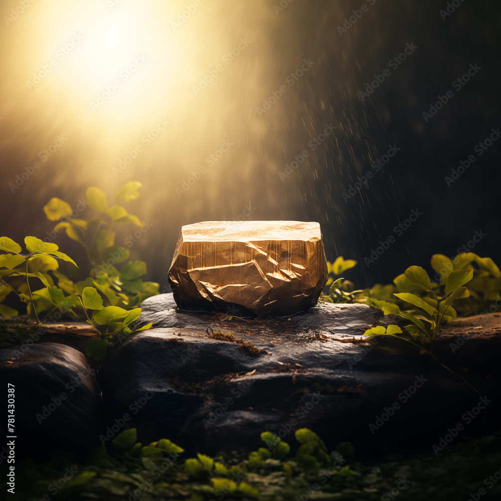 Golden, precious stone podium on wet rock in natural surroundings, freshness after waiting. Golden pedestal in the forest, outdoors in the sunlight