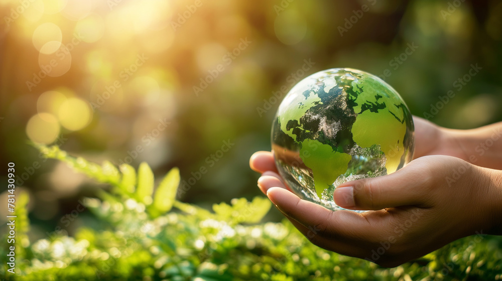 Hand holding a transparent globe with green continents in sunlight with natural background. Generative AI Hand holding a transparent globe with green continents in sunlight with natural background. Generative AI