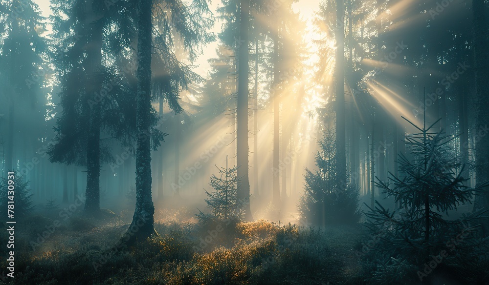 Magical sunrise rays piercing through a misty forest