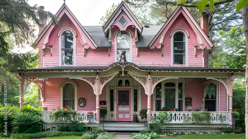 Beautiful mansion in the garden with blooming trees and lawn ,surrounded by lush and green garden, with blooming flowers Beautiful mansion in the garden with blooming trees and lawn ,surrounded by lush and green garden, with blooming flowers