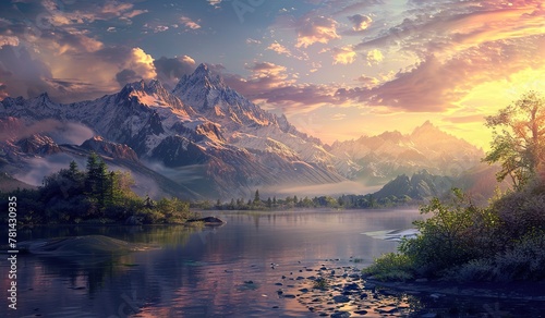 Majestic mountain sunrise over tranquil lake