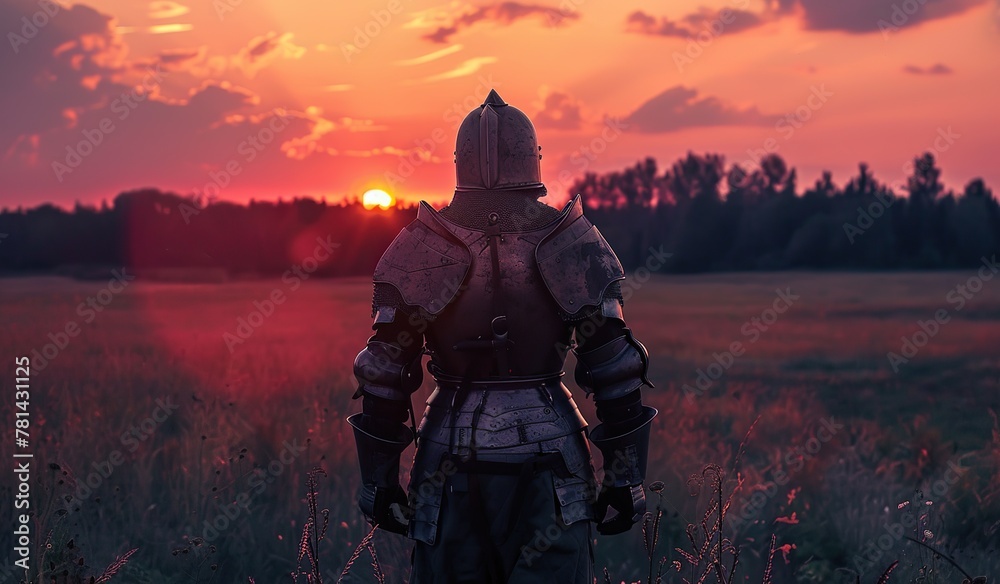 Medieval knight in armor gazing at sunset in open field Medieval knight in armor gazing at sunset in open field