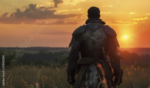 Medieval knight watching sunset over grassy field