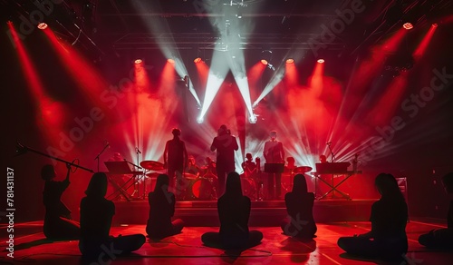 Silhouette of band performing on stage with vibrant lighting and engaged audience