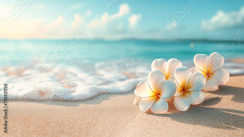 Tropical paradise with frangipani flowers on a sunny beach. Copy space. Generative AI 