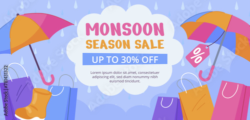 Flat monsoon season sale horizontal banner template with shopping bags and umbrellas