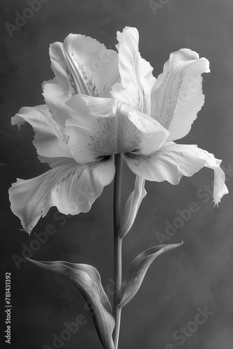 Monochrome fine art macro photo, intricate white parrot tulip against a black background