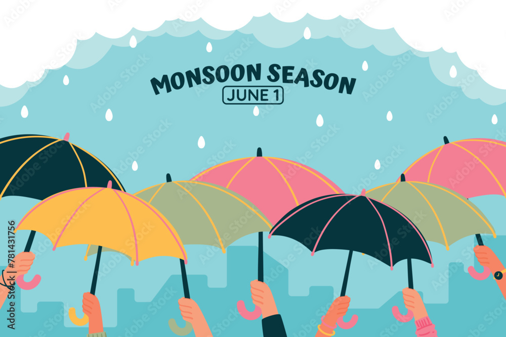 Flat monsoon season background with hands holding umbrellas