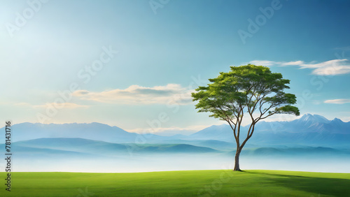 A solitary tree stands tall on a serene grassland against the distant mountains and the morning sky, with soft clouds and copy space.