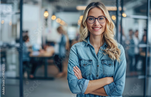 Happy businesswoman standing in an office with her arms crossed and smiling at the camera while colleagues work behind her, wearing a denim shirt and glasses