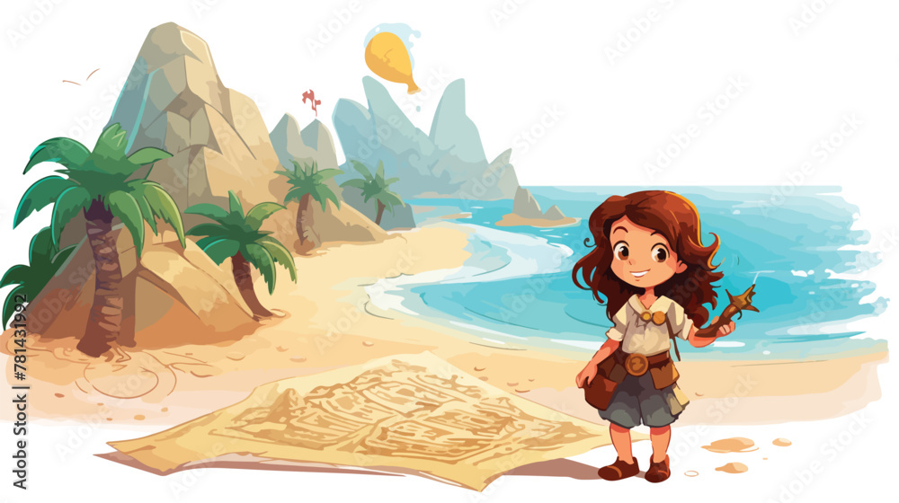 Illustration of a treasure map and a young girl hol