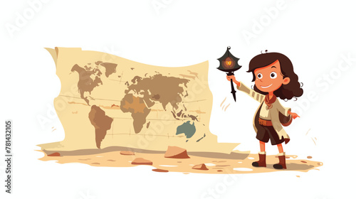 Illustration of a treasure map and a young girl hol
