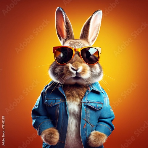 Cute funny bunny wearing sunglasses on color background. AI generated