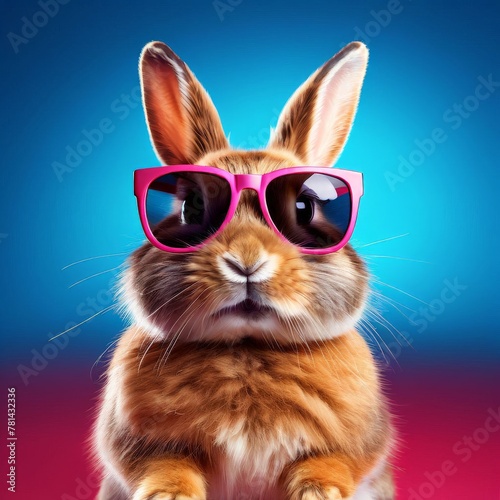 Cute funny bunny wearing sunglasses on color background. AI generated