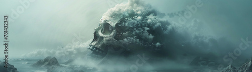 A skull-shaped building emerges from the mist8K resolution