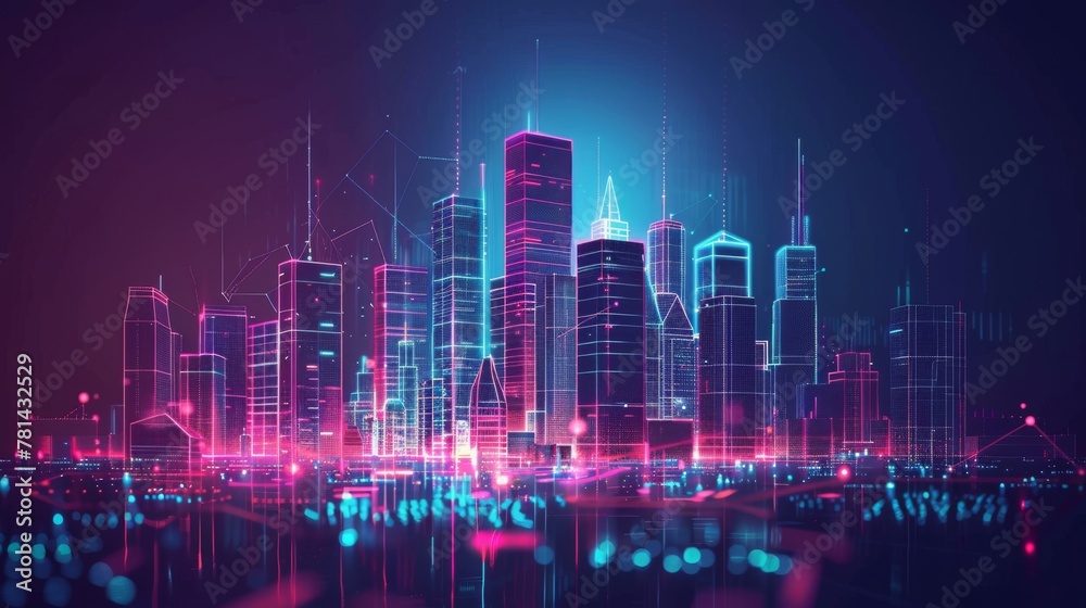 Future city concept, presented as a futuristic graphic with buildings with low poly elements