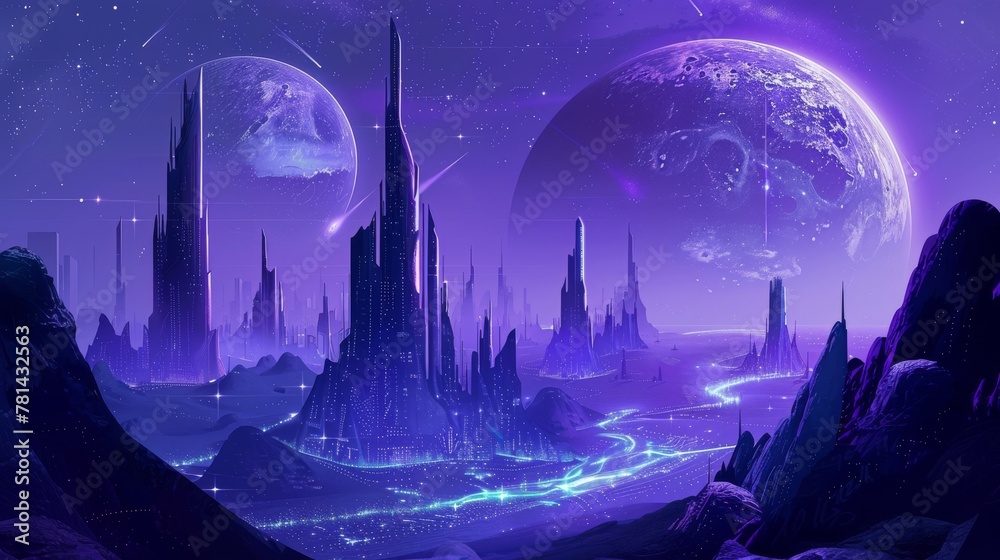 In this graphic, there is a futuristic city surrounded by outer space and a purple planet in the background