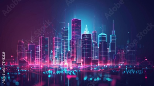 Future city concept, presented as a futuristic graphic with buildings with low poly elements