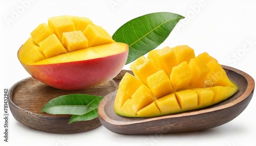 Summertime Snack: Mango Cubes and Slices Set Against White Background