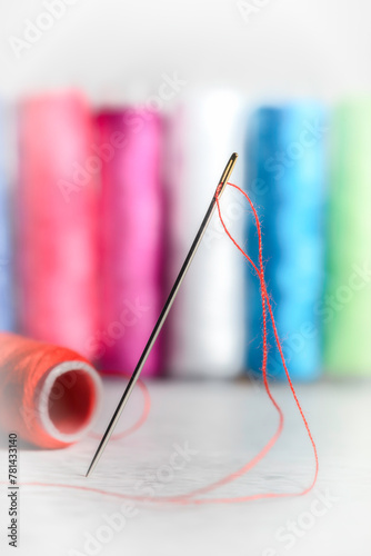 Close-up view of one needle with red thread