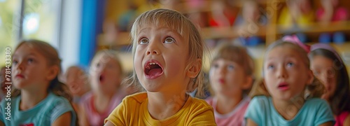 Young children yelling out the vowel sounds. Children in an elementary school sitting in a group
