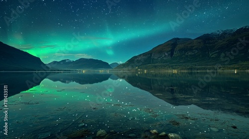 Northern lights seen from a large lake and mountains at night in high resolution and high quality. landscape concept, northern lights